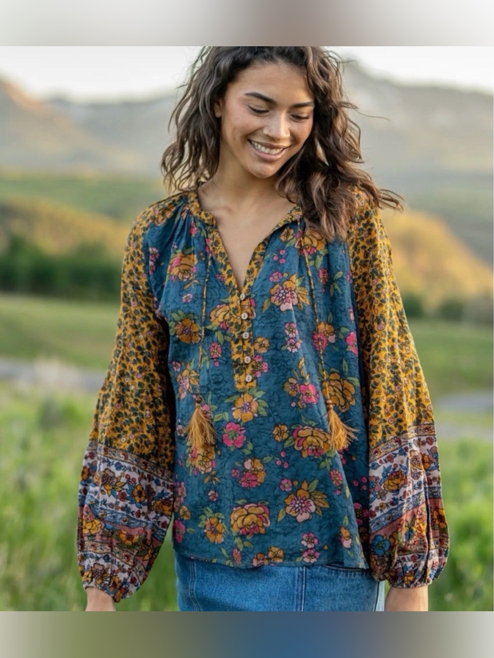 Natural Life Camille Top Riviera Batik Boho Blouse Small